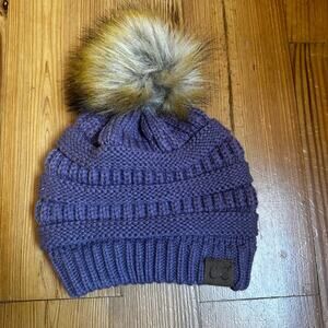 C.C. plum cable knit ribbed faux fur pom pom beanie hat